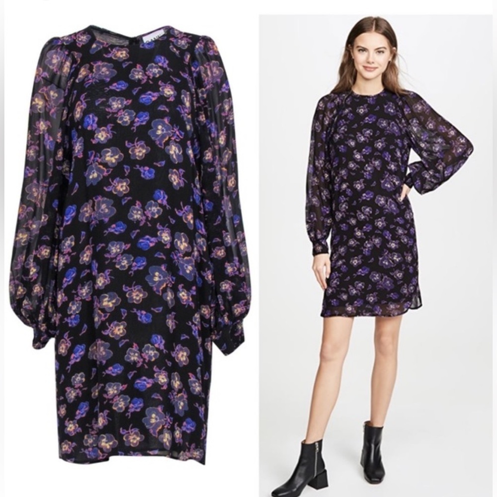 GANNI Floral Printed Georgette Mini Long Sleeve Dress